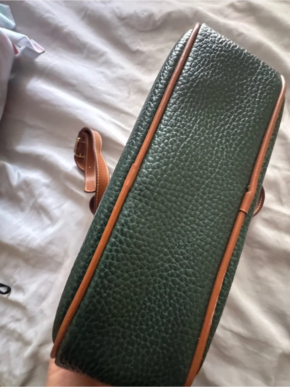 Green Pebbled Leather Crossbody Bag, Tan trim, authentic Braciano Italy classic